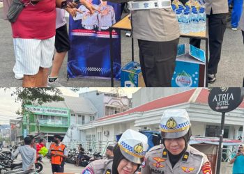 Polwan Ditlantas Polda Sulsel Bagi Air Mineral dan Snack ke Masyarakat di Car Free Day