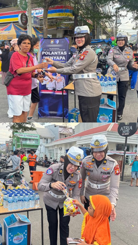 Polwan Ditlantas Polda Sulsel Bagi Air Mineral dan Snack ke Masyarakat di Car Free Day