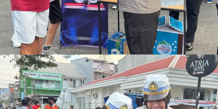 Polwan Ditlantas Polda Sulsel Bagi Air Mineral dan Snack ke Masyarakat di Car Free Day